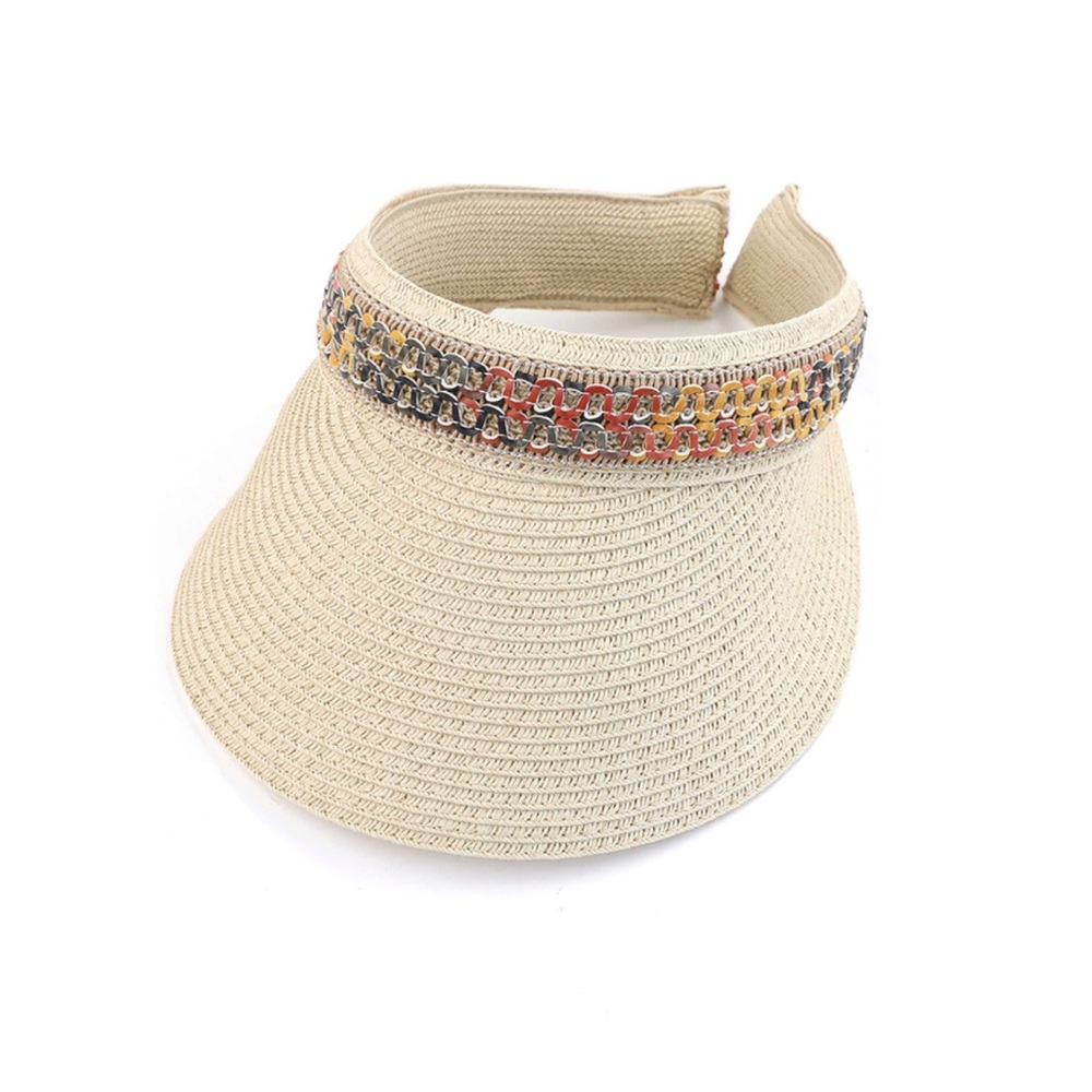 White 
C.C straw sun visor with colorful cutout faux leather trim band